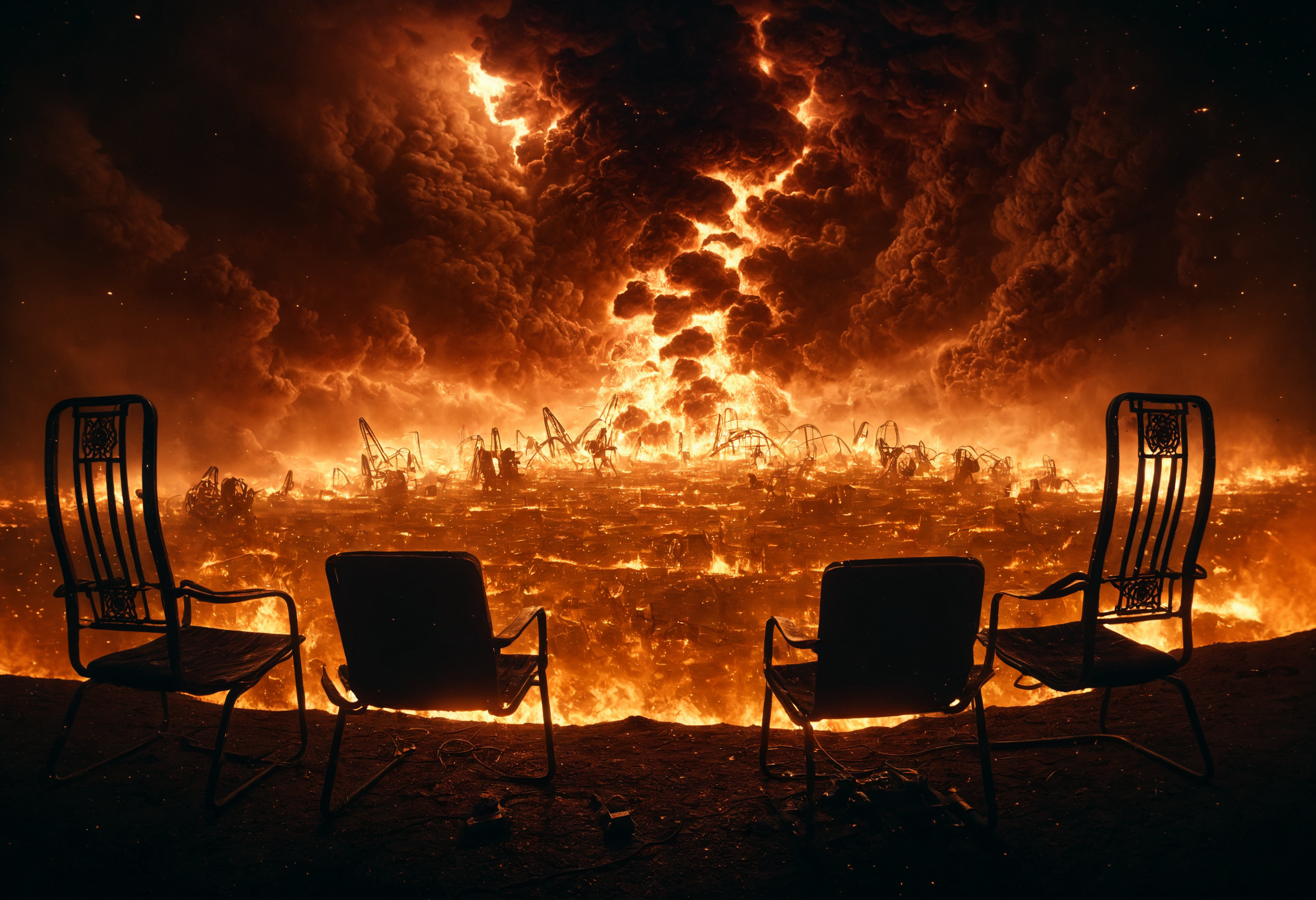 distance shot, empty foreground, no humans, synaptic orgasm, (glitch art:1.5), hyperrealistic concept art, intergalactic battle, atmospheric nightmare, rage, night scene, flaming smoke, evil, night sky, chairs, 4k, pencil marks, sharp focus, high detailed, hazy, vignette, masterpiece, digital illustration, trending on artstation, beautiful lighting, sharp, hyper detailed, insanely detailed, intricate, elite, ornate, elegant, luxury, dramatic lighting
 <lora:dvr-lnds-sdxl:0.8> dvr-lnds-sdxl