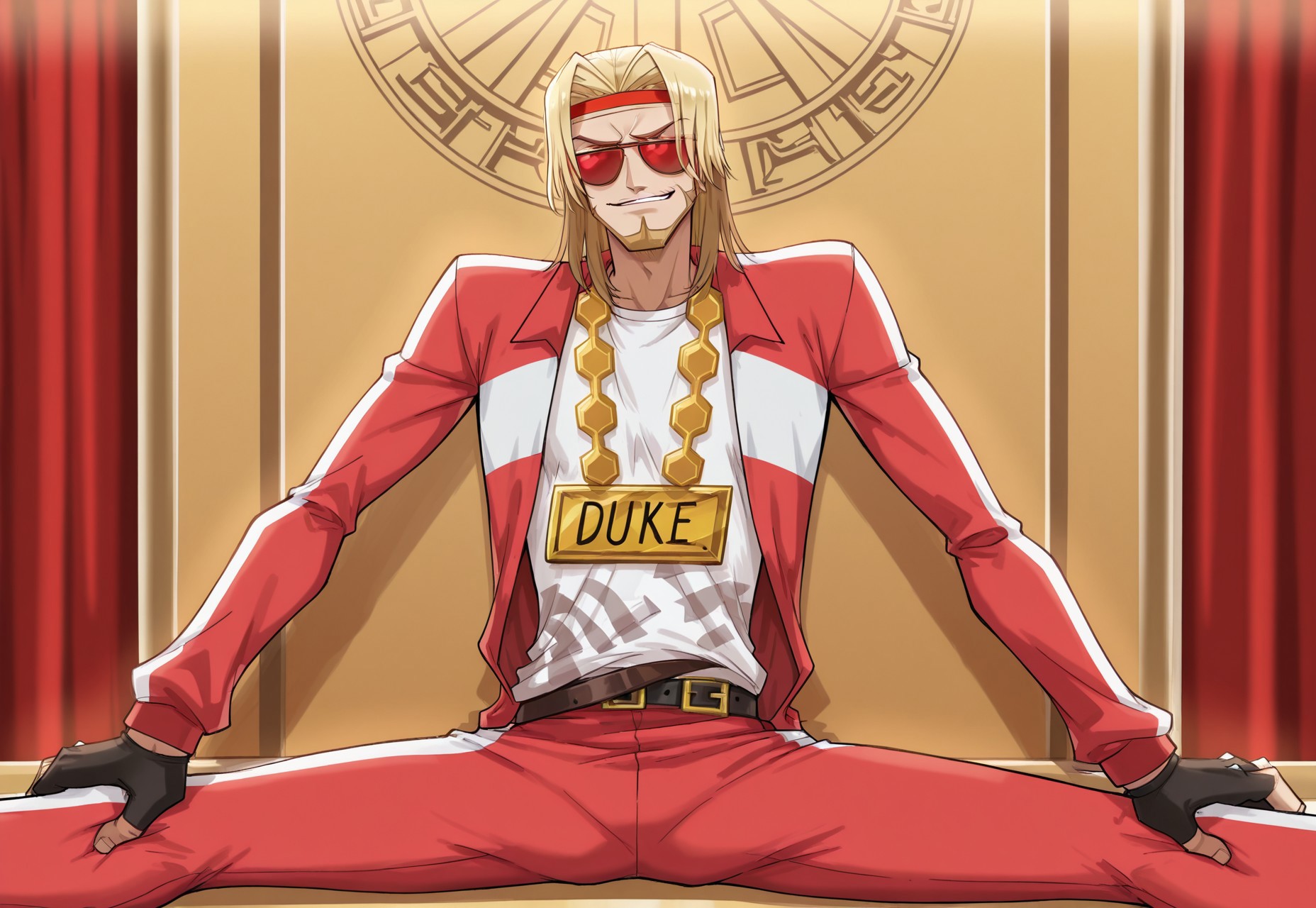 masterpiece, best quality, 1boy, male focus, solo, dukemtcy, blonde hair, medium hair, multicolored hair, facial hair, beard, red-white headband, sunglasses, bright red tracksuit, jacket, huge chain, name on chain, white t-shirt, black fingerless gloves, belt, pants, white gators, sitting split,spread leg, smirk, red royal room background