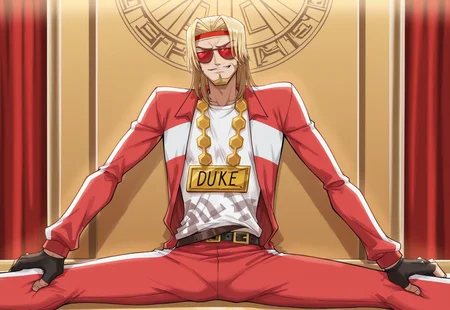 masterpiece, best quality, 1boy, male focus, solo, dukemtcy, blonde hair, medium hair, multicolored hair, facial hair, beard, red-white headband, sunglasses, bright red tracksuit, jacket, huge chain, name on chain, white t-shirt, black fingerless gloves, belt, pants, white gators, sitting split,spread leg, smirk, red royal room background