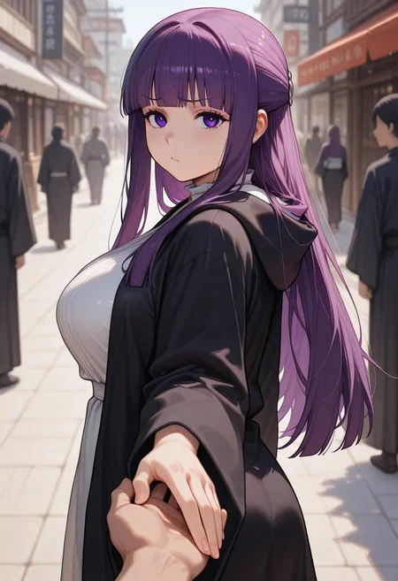 masterpiece, by piaki,  best quality, very detailed, 
1 girl, fern \(sousou no frieren\), large breasts, long hair, purple hair, half updo, blunt bangs, purple eyes, big eyes, black robe, pouting,
holding hands, from side, looking back, pov hands, standing, looking at viewer, cowboy shot, outdoors, japanese tempel, people, blurry background,