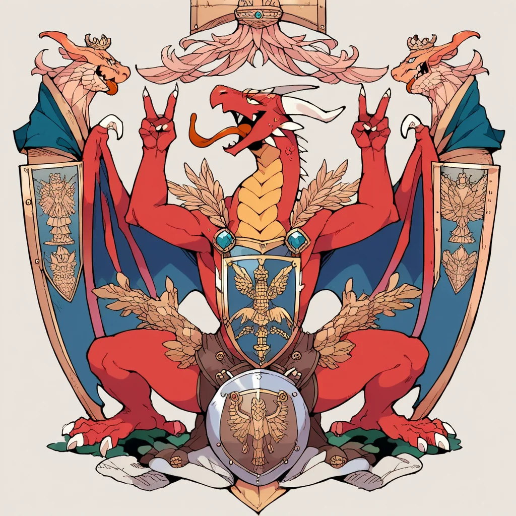 score_9,score_8_up,score_7_up,source_anime,source_furry,<lora:waifu_heraldry:1>,heraldry,emblem,double v,tongue out,smile,frame,shield,ahegao,dragon,arms up,squatting,