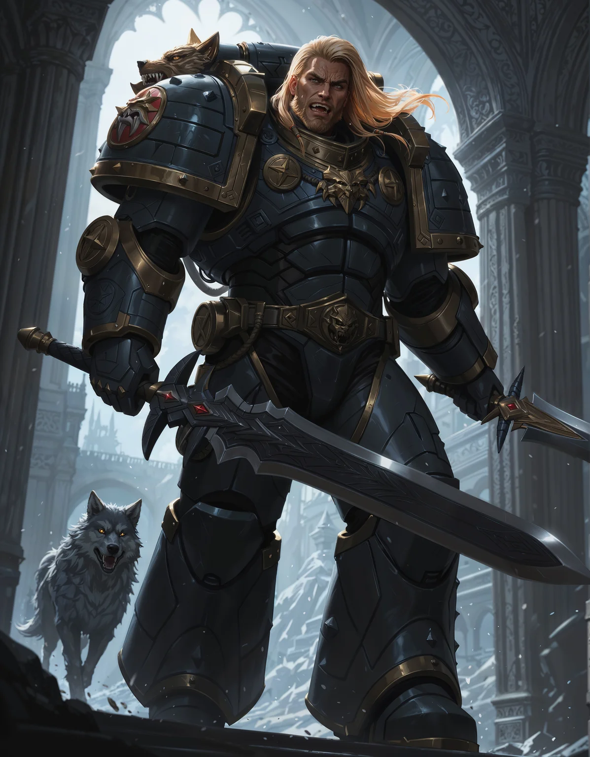 masterpiece, best quality,high quality, newest, highres,8K,HDR,absurdres, dynamic angle, realistic, 1boy, iLLemanR40K, solo, fangs, beard, wolf motifs, power armor, determined eyes, holding a sword, in a palace <lora:iLLemanR40K:1>