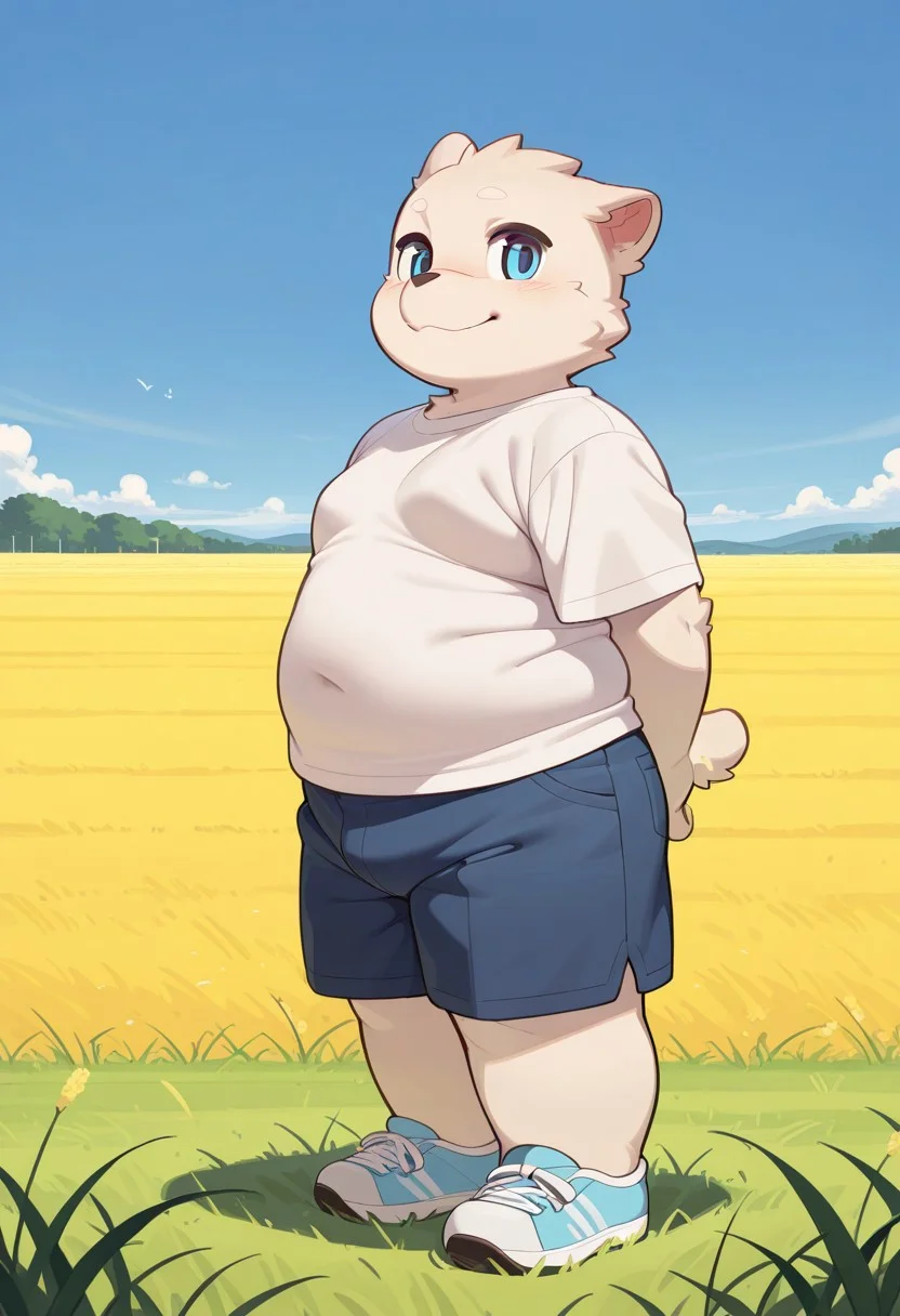 masterpiece, best quality, 1boy, furry, furry male, cute, solo, shirt, shorts, standing, full body, close mouth, field, blue sky, wide shot, happy, plump