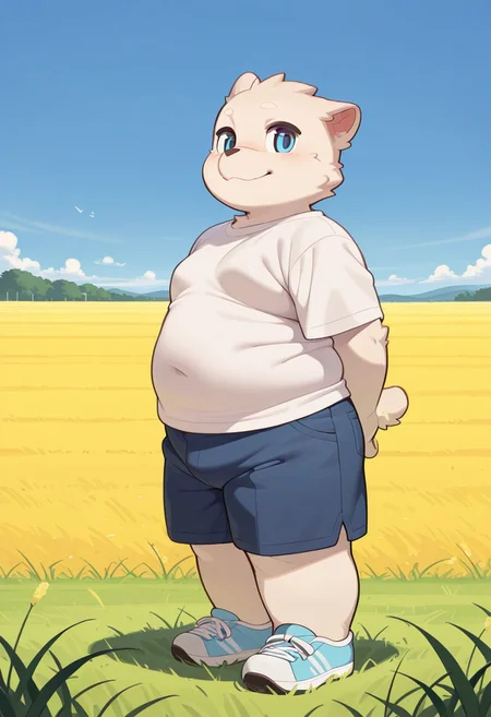 masterpiece, best quality, 1boy, furry, furry male, cute, solo, shirt, shorts, standing, full body, close mouth, field, blue sky, wide shot, happy, plump
