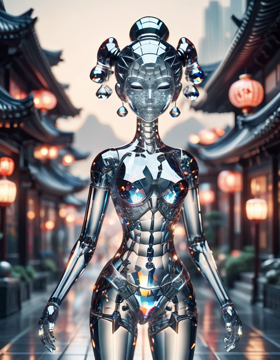 close up, hyper-articulated, nubile ((porcelain)) gynoid, obscured endoskeleton, olmec geisha assassin , thighs, guard patrolling an opulent zen gallery, SNL, tilt-shift effect, bokeh, nighttime, rich shadows, intricately detailed, rim lighting, made of ral-crztlgls <lora:ral-crztlgls-sdxl:1> ral-crztlgls landscape background