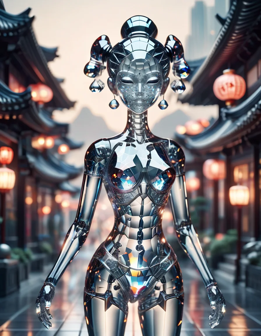 close up, hyper-articulated, nubile ((porcelain)) gynoid, obscured endoskeleton, olmec geisha assassin , thighs, guard patrolling an opulent zen gallery, SNL, tilt-shift effect, bokeh, nighttime, rich shadows, intricately detailed, rim lighting, made of ral-crztlgls <lora:ral-crztlgls-sdxl:1> ral-crztlgls landscape background