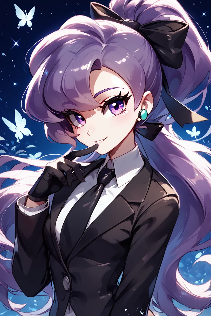 score_9, score_8_up, score_8, medium breasts, (curvy), cute, eyelashes, BREAK, , ,,, zzAnabel, purple hair, purple eyes, long hair, ponytail, ribbon, hair ribbon, bangs, black ribbon, black suit, formal, black tie, black gloves, <lora:Anabel_Pokemon_PDXL:0.8>, ,,,, BREAK, ,,, upper body, smile, looking at viewer, ,,, shiny skin, <lora:ProAnime_PDXL_v1:0.8>, night, soft shadows, moonlight reflecting off skin, whisper of wind, ,,, embedding:zPDXL, Expressiveh, <lora:SDXLFaeTastic2400:0.5>, <lora:Expressive_H-000001:0.4>,