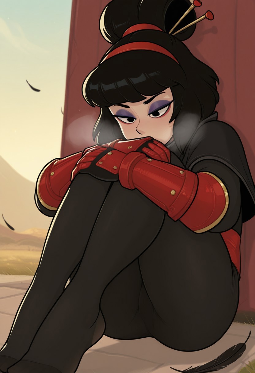 blushmallet,  outdoors, undershirt, falling feathers, black bodysuit, hair stick, hugging knees, knees to chest, gauntlets, eyeshadow, red gloves, two sides up, black capelet, red hairband, black eyes, 1girl, solo, feet, visible breath, dynamic angle, foreshortening, smell, steam,