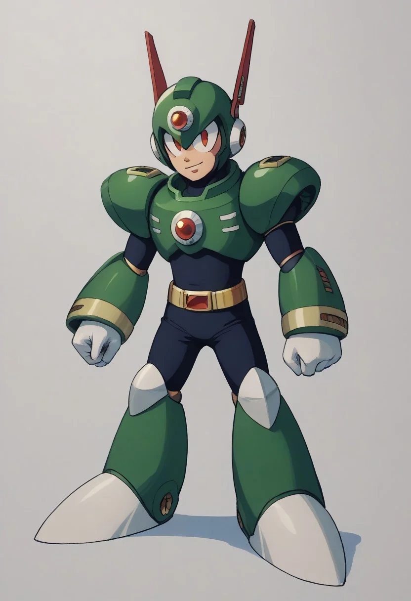 score_9, score_8_up, score_7_up, score_6_up, score_5_up, score_4_up, score_9 , score_8_up, score_7_up, source_anime, 1boy, solo, (sharp eyes), (robot master), The character in the image is a vibrant and dynamic Reploid from the Mega Man X series. This Reploid has a humanoid design with a sleek, armored body. The head is distinctively topped with a large, yellow helmet that has a cannon-like attachment on the top, adding to its combat-ready appearance. The eyes glow with an intense blue light, giving the character a sharp, focused expression. The torso is solid and compact, featuring a mix of yellow and white armor with red accents that highlight the joints and connection points. The arms are robust and mechanical, with white gloves covering the hands, which are shaped into fists, ready for action, The character's legs are heavily armored, with large, yellow shin guards that add to its sturdy and resilient look. The feet are wide and equipped with strong, metallic soles, ensuring stability and strength in movement, vibrant color palette, futuristic character concept, KEIJI INAFUNE STYLE, <lora:KEIJI INAFUNE>, 1990s style, retro artstyle, anime coloring, traditional media, cel shading, hyperdetailed, 4k, 8k, masterpiece,