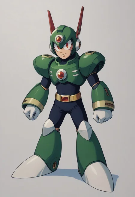 score_9, score_8_up, score_7_up, score_6_up, score_5_up, score_4_up, score_9 , score_8_up, score_7_up, source_anime, 1boy, solo, (sharp eyes), (robot master), The character in the image is a vibrant and dynamic Reploid from the Mega Man X series. This Reploid has a humanoid design with a sleek, armored body. The head is distinctively topped with a large, yellow helmet that has a cannon-like attachment on the top, adding to its combat-ready appearance. The eyes glow with an intense blue light, giving the character a sharp, focused expression. The torso is solid and compact, featuring a mix of yellow and white armor with red accents that highlight the joints and connection points. The arms are robust and mechanical, with white gloves covering the hands, which are shaped into fists, ready for action, The character's legs are heavily armored, with large, yellow shin guards that add to its sturdy and resilient look. The feet are wide and equipped with strong, metallic soles, ensuring stability and strength in movement, vibrant color palette, futuristic character concept, KEIJI INAFUNE STYLE, <lora:KEIJI INAFUNE>, 1990s style, retro artstyle, anime coloring, traditional media, cel shading, hyperdetailed, 4k, 8k, masterpiece,