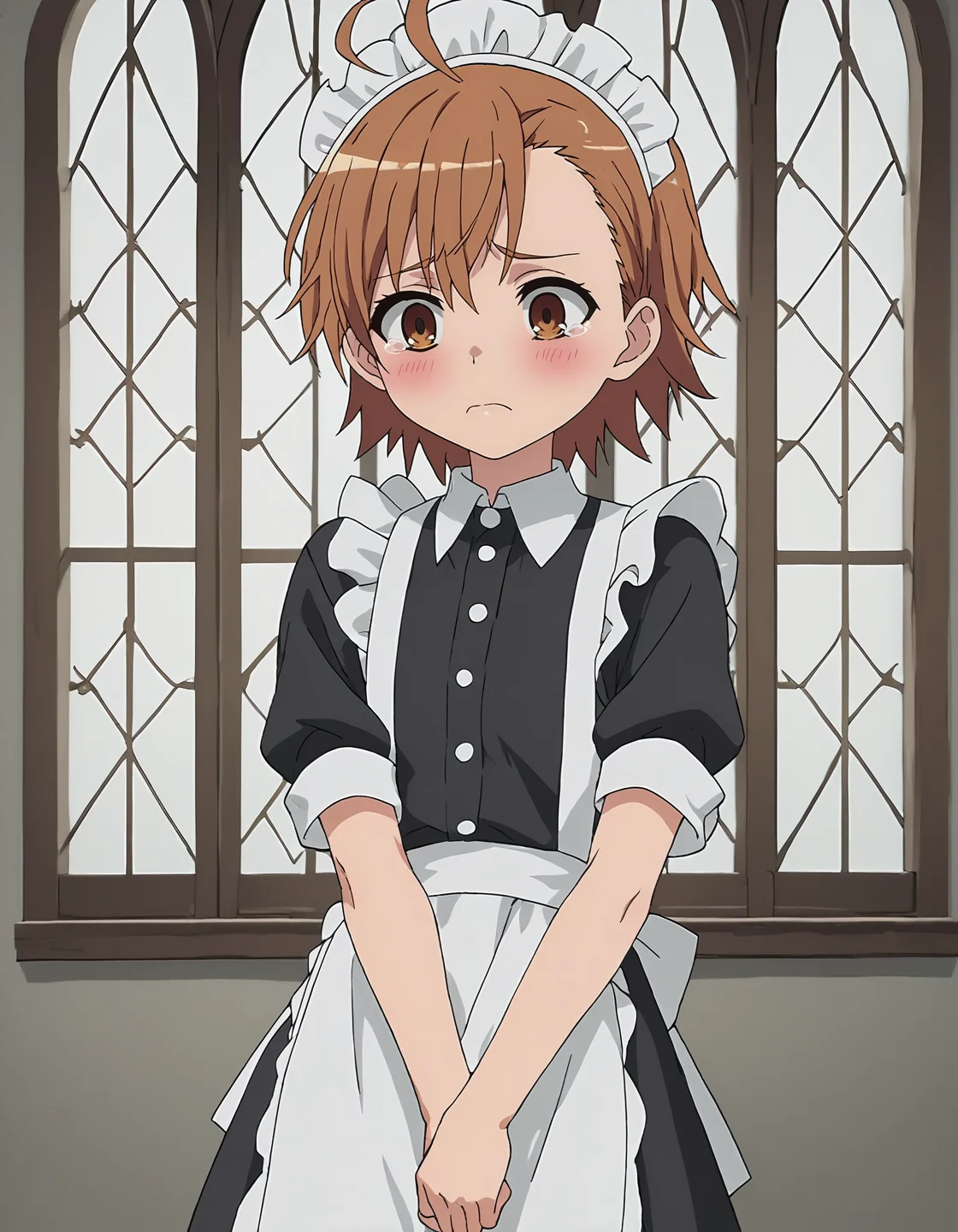 score_9, score_8_up, score_7_up, score_6_up, score_5_up, score_4_up, <lora:LastOrd_T1V0:0.85>, <lora:sdxl_lightning_8step_lora:1>,
source_anime, anime screencap, 1girl, solo,
LastOrd_T1V0, female child, brown hair, short hair, asymmetrical hair, ahoge, brown eyes, flat chest, blush,
maid, maid headdress, maid apron,
standing, v arms,
looking down, looking away, sad, raised eyebrows, closed mouth, tears,
indoors, castle, window, cowboy shot,