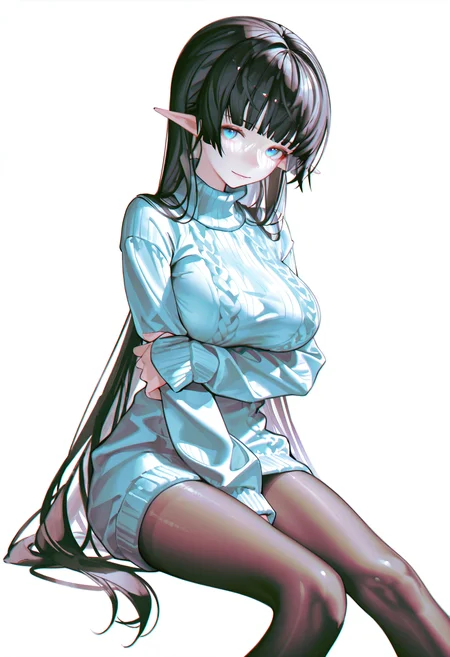 <lora:iumu_kam-illustriousXL_v01_V1-CAME-000035>, iumu_kam, 1girl, solo, long hair, black hair, sweater, pantyhose, blue eyes, white background, blue sweater, turtleneck, breasts, simple background, very long hair, sitting, turtleneck sweater, looking at viewer, smile, between legs, black pantyhose, hand between legs, invisible chair, dress, sweater dress, closed mouth, long sleeves, feet out of frame, blunt bangs, arm between legs, large breasts, ribbed sweater, cable knit, arm under breasts, aran sweater, straight hair, pointy ears, hand on own arm, sleeves past wrists, holding own arm