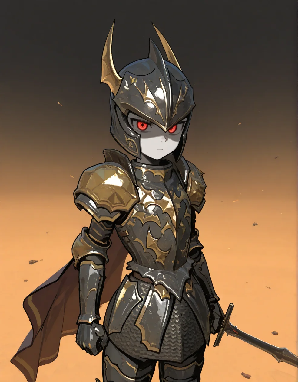 (2D,masterpiece,best quality,amazing quality, high resolution,looking at viewer,ultra-detailed,1 girl,solo,source_anime,petite,lovely,Cowboy Shot,curvy,cute,Simple black background), Vampire Lord,armor,shoulder armor,greaves,gauntlet,holding sword,vampire,cape,glowing red eyes,pale skin,shaded face,tsurime,expressionless,helmet,attack trail, attack, swinging weapon,<lora:Vampire_Lord:1>, <lora:ValbunStyle-IL:0.4>