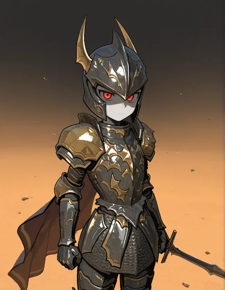 (2D,masterpiece,best quality,amazing quality, high resolution,looking at viewer,ultra-detailed,1 girl,solo,source_anime,petite,lovely,Cowboy Shot,curvy,cute,Simple black background), Vampire Lord,armor,shoulder armor,greaves,gauntlet,holding sword,vampire,cape,glowing red eyes,pale skin,shaded face,tsurime,expressionless,helmet,attack trail, attack, swinging weapon,<lora:Vampire_Lord:1>, <lora:ValbunStyle-IL:0.4>