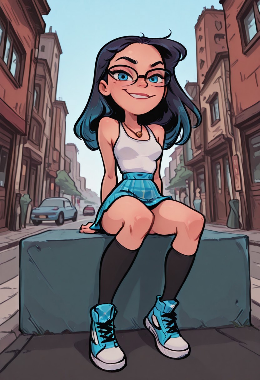 1girl, asian girl ((slim body)), (small breasts), Dynamic angle, Dynamic pose, NSFW, athletic sneakers, plaid skirt, black knee high socks, necklaces, blue eyes, dark hair, long hair, sitting, from below, outdoors, street, white tank top, smirk, glasses, looking at viewer, shtrips