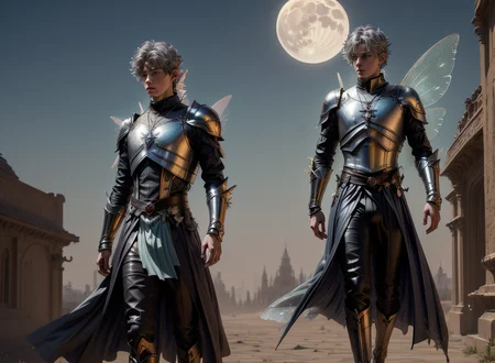 ((masterpiece)), ((best quality:1.2)), High Resolution, 8k, (ultra_realistic:1.3), (photorealistic:1.4), sharp focus, 1 young man, 22 years old, young, male focus, dynamic pose, (he is a fairy:1.5), full body, head to toe, giant fairy wings, silver colored hair, curly hair, EYESHD, necklace, leather loin cloth, slim body, defined body, thin waist, wearing leather armor, expansive background, standing in front of a albrecht_lab futuristic fantasy tower, it is early evening and the sun has just set, the is a Crecent moon in the night sky hi-res, (Masterpiece, high quality:1.3), <lora:more_details:0.5>, <lora:wrenchftmfshn>,<lora:add-detail-xl:0.8>,<lora:Eyes_High_Definition-000007>, <lora:albrecht_labs:1>