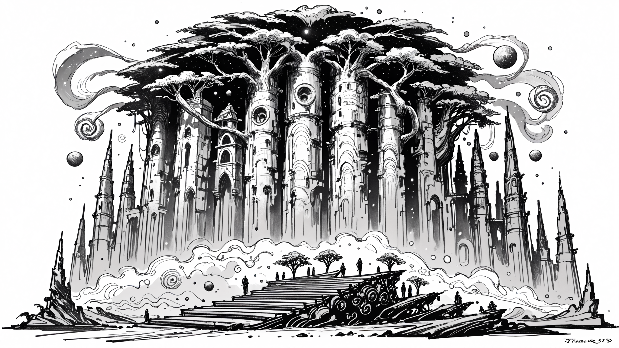 score_9,score_8_up,score_7_up,highres,absurdres,aestheticism,
<lora:Far_Future_Sketch_Illustrious__Pony:0.8>,monochrome,rough sketch,monochromatic,desaturated,messy line art,lat color,sci-fi,<lora:Landscape_Ink_Pony_r1:0.6>,
colossal petrified tree trunk,spiral staircase carved into bark,starry nebula visible through canopy opening,floating ceremonial braziers,medium wide shot from staircase midpoint,(celestial runes hovering:1.4),pale moonlight shafts,decaying marble statues entangled in roots,(stardust particles:1.2),pre-raphaelite painting style,intricate moss patterns,<lora:HerrscherAGGA2024_TF_Style_V1:0.6>,TF_Style,Cartoon_TYPE,sketch,