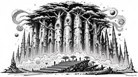 score_9,score_8_up,score_7_up,highres,absurdres,aestheticism,
<lora:Far_Future_Sketch_Illustrious__Pony:0.8>,monochrome,rough sketch,monochromatic,desaturated,messy line art,lat color,sci-fi,<lora:Landscape_Ink_Pony_r1:0.6>,
colossal petrified tree trunk,spiral staircase carved into bark,starry nebula visible through canopy opening,floating ceremonial braziers,medium wide shot from staircase midpoint,(celestial runes hovering:1.4),pale moonlight shafts,decaying marble statues entangled in roots,(stardust particles:1.2),pre-raphaelite painting style,intricate moss patterns,<lora:HerrscherAGGA2024_TF_Style_V1:0.6>,TF_Style,Cartoon_TYPE,sketch,