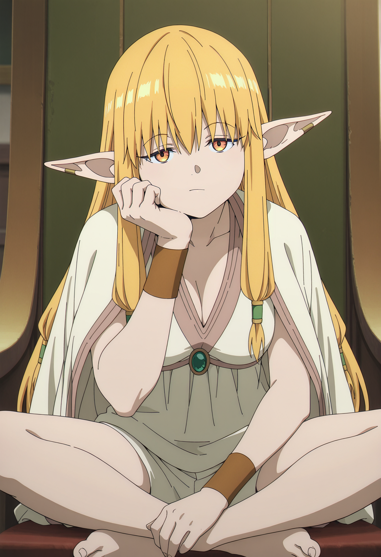 1girl,solo,Serie,blonde hair,long hair,elf,pointy ears,breasts,anime coloring,
dress,jacket,shorts,barefoot,sitting,on chair,indian style, head rest, looking at viewer, indoors
,masterpiece,best quality,amazing quality,<lora:Serie-Sousou_no_Frieren:0.8>