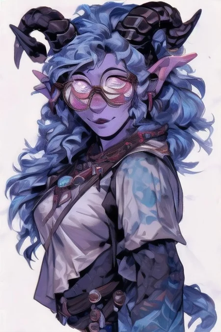 shy, purple skin winged tiefling nerd in glasses and horns, She wears a pair of glasses, and her hair is styled in a bold, flowing style, full body, purple skin, tail