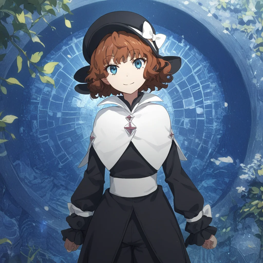 anime coloring, score_9, score_8_up, score_7_up, score_6_up,  mallybath blackbell, toaru, 1girl, solo, hat, brown hair, smile, short hair, blue eyes, capelet, looking at viewer, black headwear, long sleeves, pants, cosplay, dress, bow, closed mouth, standing, black pants