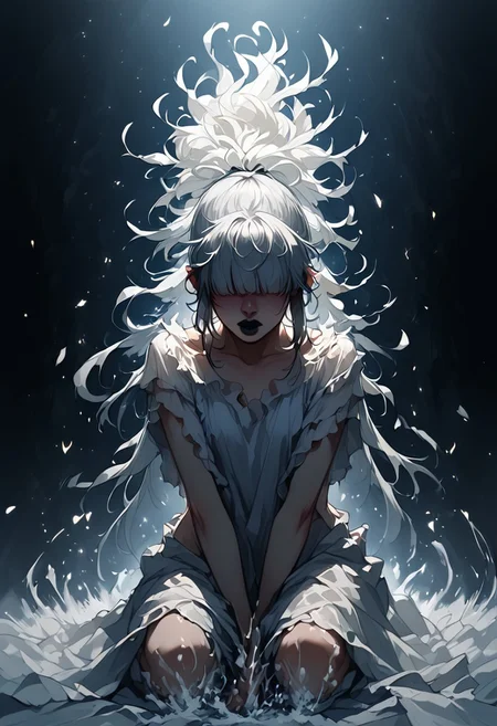 1 angel, white wings, messy white hair, hair covering eyes, blunt bangs, ponytail, black lipstick, kneeling, sorrowful, dark ethereal background, glowing embers, splashes of red
