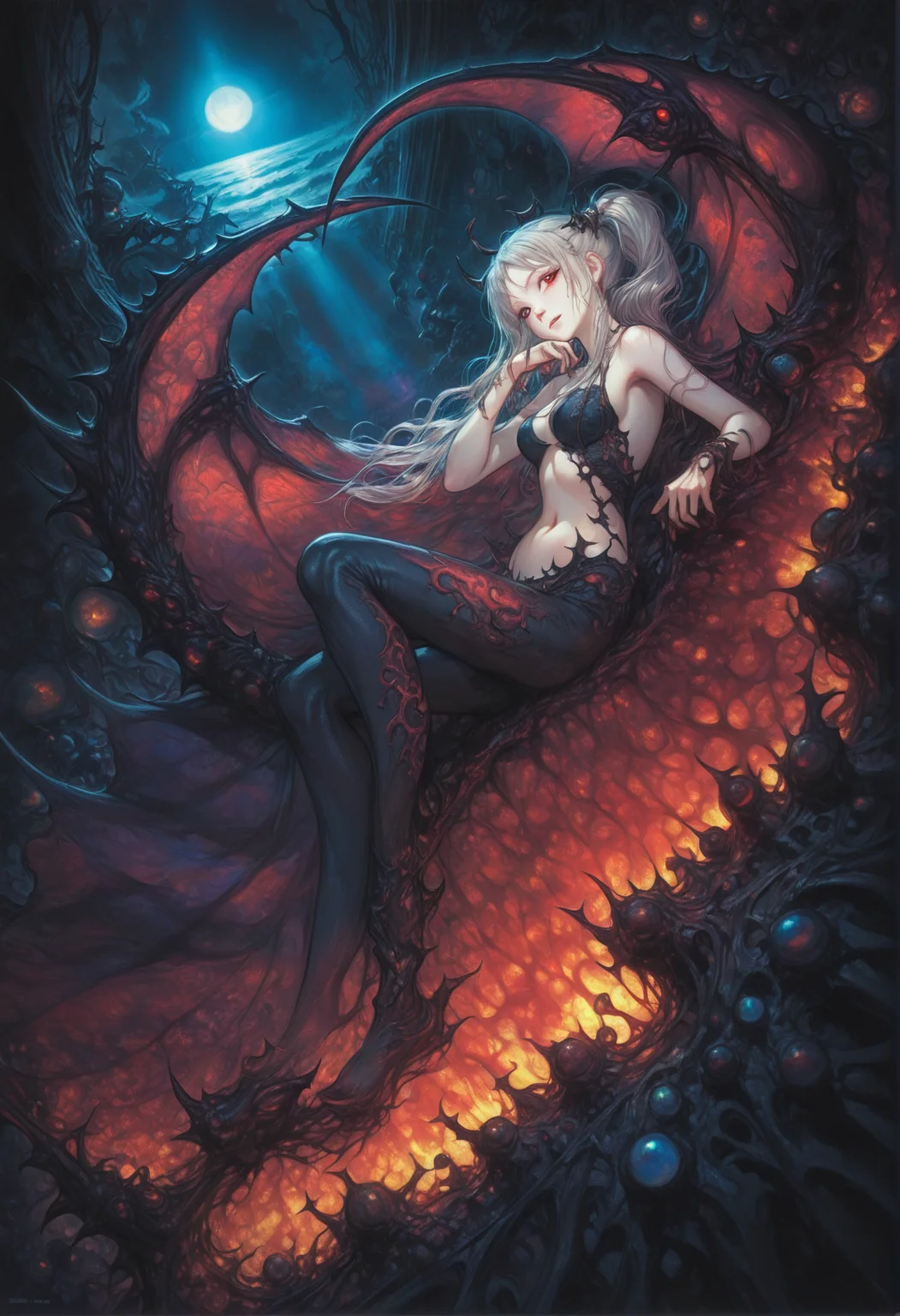 <lora:amano_yoshitaka_xl:1> <lora:IOS_Iridescent_opal_style:0.6> [magma demon:poison demon:0.4], [ribbon choker:thorns:0.4], [translucent:opal:0.5], long hair, red twintails, full-face blush, intricate detail, cinematic lighting, amazing quality, amazing shading, Detailed Illustration, official artwork, wallpaper, official art, extremely detailed eyes and face, beautiful detailed eyes, red eyes, ((masterpiece, best quality)), from side, full body, dutch angle, navel