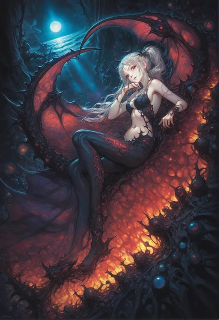 <lora:amano_yoshitaka_xl:1> <lora:IOS_Iridescent_opal_style:0.6> [magma demon:poison demon:0.4], [ribbon choker:thorns:0.4], [translucent:opal:0.5], long hair, red twintails, full-face blush, intricate detail, cinematic lighting, amazing quality, amazing shading, Detailed Illustration, official artwork, wallpaper, official art, extremely detailed eyes and face, beautiful detailed eyes, red eyes, ((masterpiece, best quality)), from side, full body, dutch angle, navel