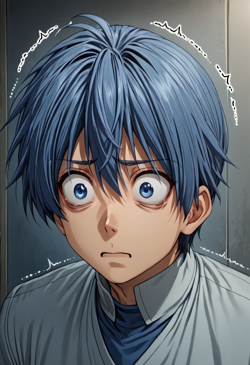 high resolution, solo, best quality, 1Boy, Tomoya Okazaki, Grey Blue Hair, blue eyes, Fear, trembling, wide eyes, anxiety,
