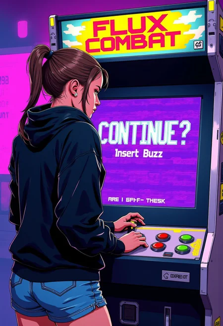 A medium shot of a female character being observed from behind as she stares at a video game machine in a dimly lit futuristic arcade. The machine has a joystick and 2 buttons: one red, one green. The girl, wearing a stylish black hoodie and denim shorts has an angry and frustrated look on her face. Her skin reflects the glow of the machine. She has brown hair, carefully tied up in a ponytail. She's upset because she just lost in her video game. At the top of the video game machine is a bold title that reads, "FLUX COMBAT". The viewer is able to clearly see the text on the screen of the machine. It reads, "CONTINUE?" in large pixelated font on the top line. On the second line in smaller pixelated text, it clearly reads, "Insert Buzz". The image employs a vibrant, high-contrast color palette, heavily saturated with shades of purple, yellow, and blue, characteristic of comic book and cyberpunk aesthetics. Ensure the lighting draws attention to the character and the screen of the arcade machine.