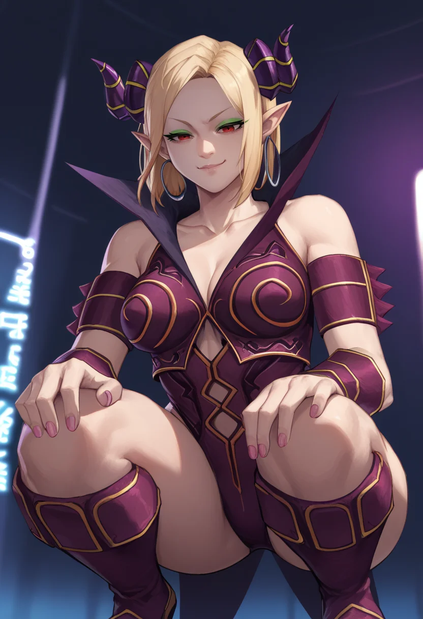 score_9,score_8_up,score_7_up,score_6_up,
Shannonxl,blonde hair,horns,pointy ears,short hair,red eyes,makeup,green eyeshadow,smug,
purple bodysuit,cleavage,bare shoulders,clothing cutout,large popped collar,bracer,collarbone,
hoop earrings,from below,pink fingernails,squatting,
hips,
stage lights,indoors,
solo,
<lora:ShannonXL:0.8>,