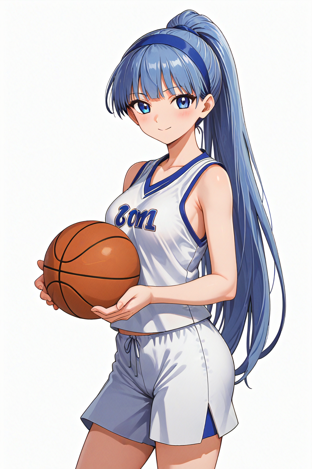 score_9,score_8_up,score_7_up,source_anime,masterpiece,best quality,highres,
BREAK 1girl,solo,cowboy shot,holding basketball,
BREAK <lora:dmd2_sdxl_4step_lora_fp16>,
BREAK <lora:MKR_UMI_SU_PONY_V2:1>,Ryuuzaki_Umi,blue hair,very long hair,blunt bangs,blue eyes,high ponytail,blue hairband,basketball uniform,