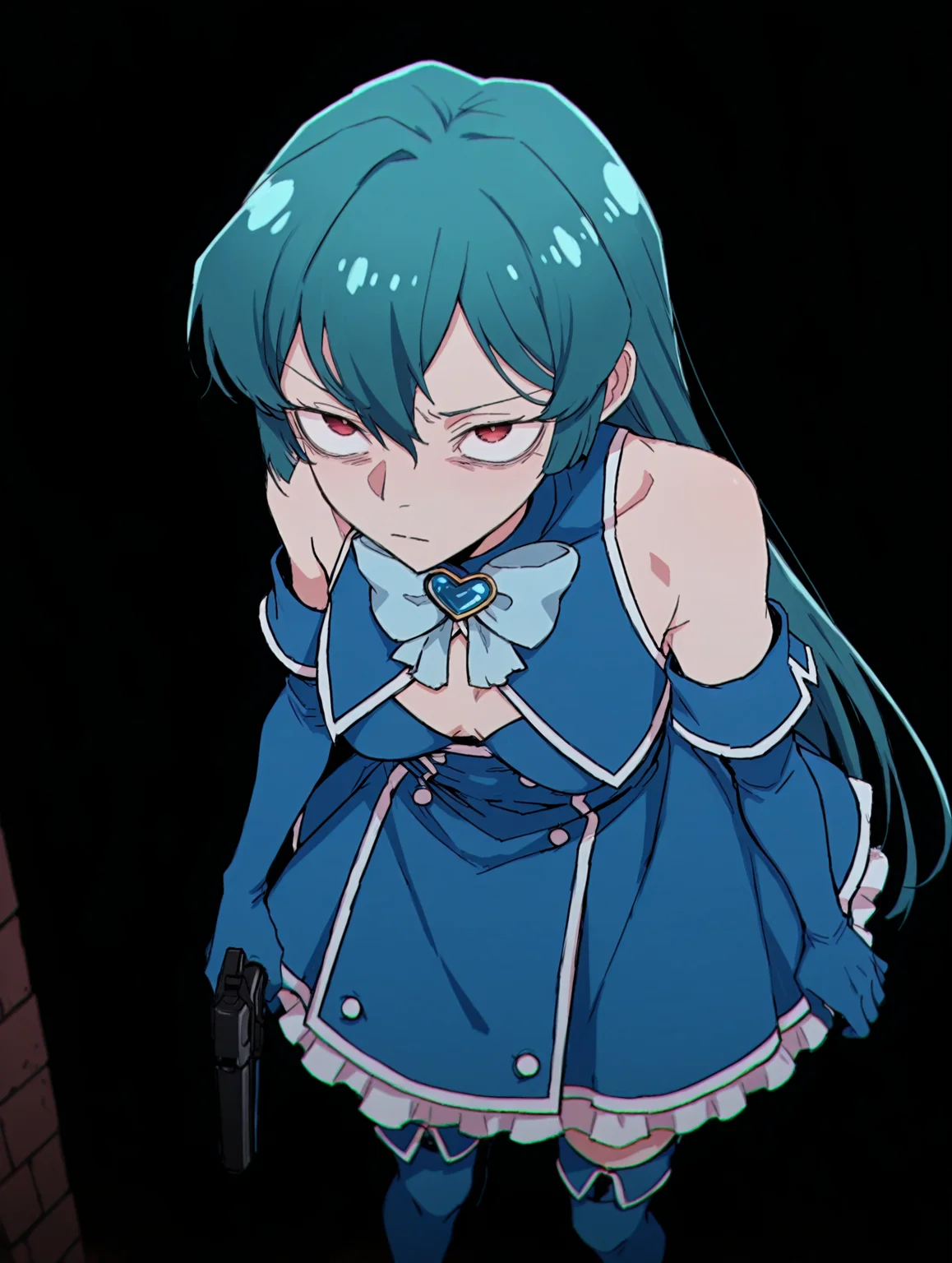 <lora:Ado_Usseewa_Style:1>  usseewastyle
1girl,solo,
 <lora:MinakamiSayo-IllustXL:0.4>       minakami_sayo, magia_azul, 1girl, green hair, red eyes, gloves, long hair, thighhighs, elbow gloves, blue gloves, dress,
disappointed, 
outdoors, night,city, black background,  handpistol,
masterpiece,best quality,amazing quality, 
looking up, from above,