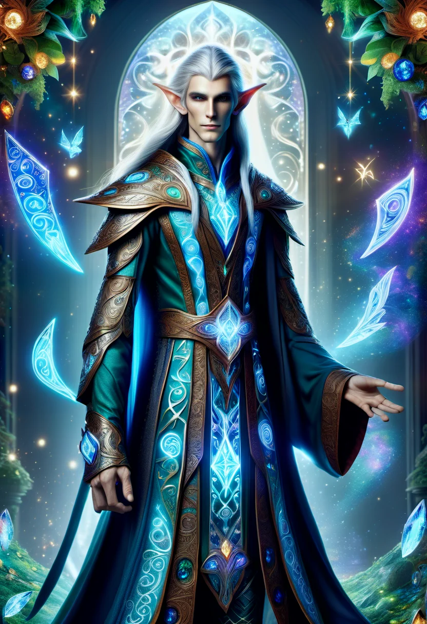 hyper detailed masterpiece,DonMMy51ic4lXL, male elf, graceful and long-lived being, 6 to 7 feet tall, beautiful,elegant, youthful appearance, graceful, ethereal, magical, fantasy, liquid , runes <lora:DonMMy51ic4lXL-v1.1-000006:0.8>