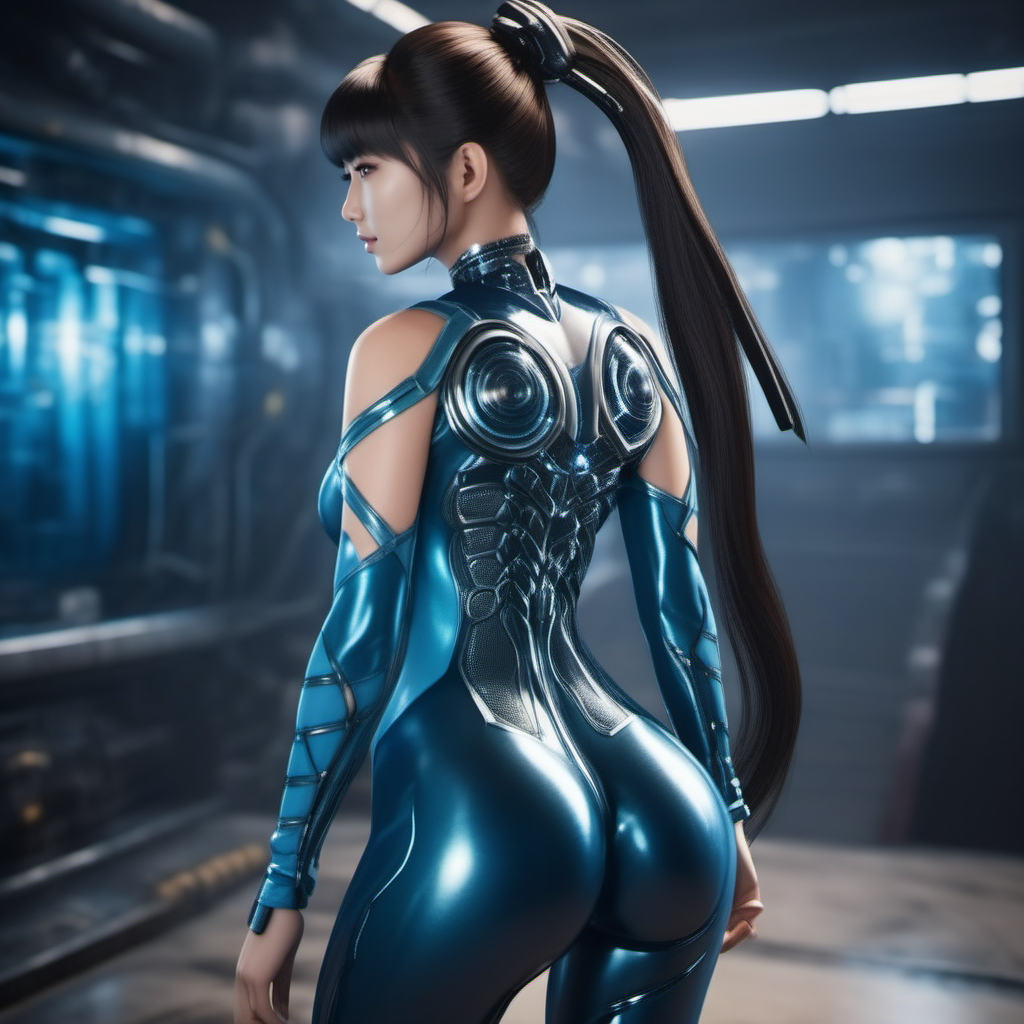 cinematic photo a asian busty woman with long ponytail in a tight blue futuristic bodysuit, ass <lora:Eve-StellarBlade1024:0.8> . 35mm photograph, film, bokeh, professional, 4k, highly detailed