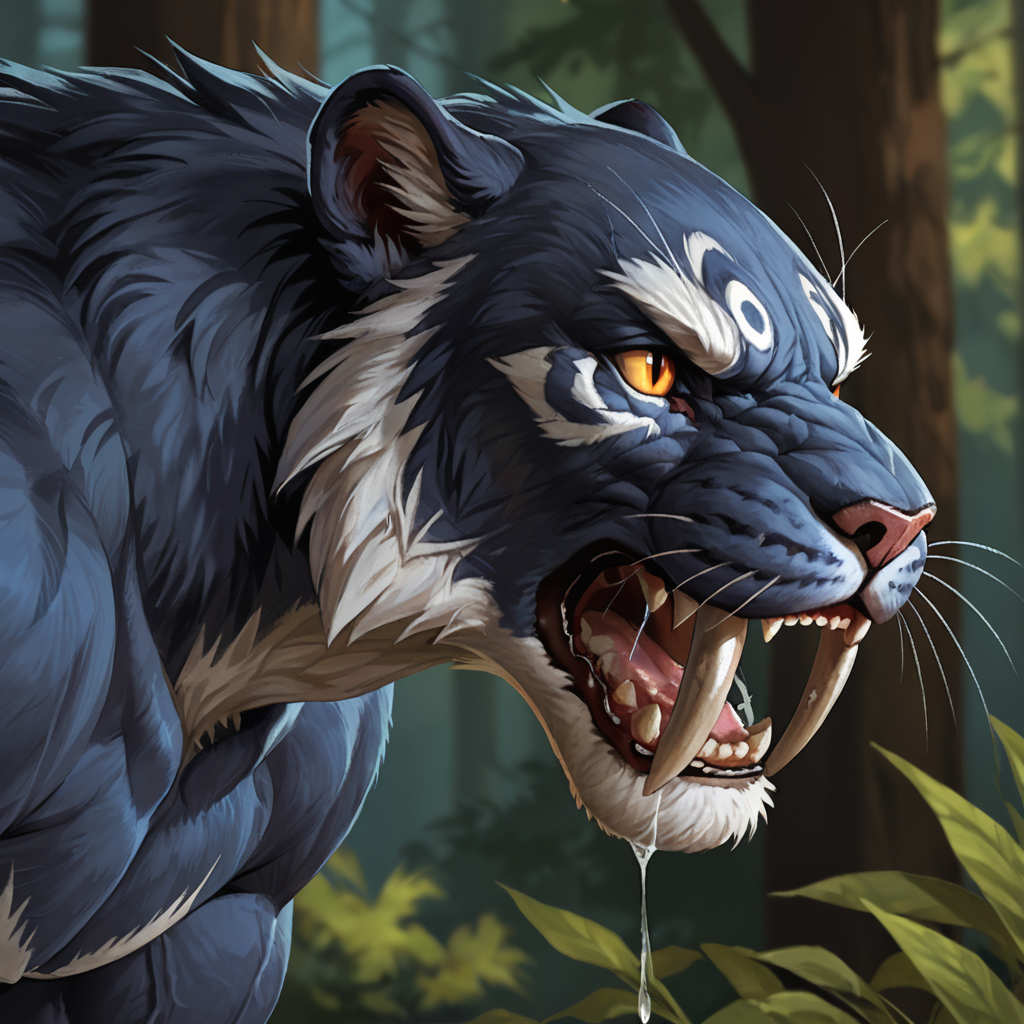 safe_pos, score_9_up,score_8_up,score_7_up,score_6_up,score_5_up,score_4_up, masterpiece, high quality, digital painting, rating_explicit, source_furry, source_monster,  zPDXL3, BREAK,
portrait, side view, ((three quarter view)), close up, open mouth, roar, drool, saliva, saliva strand, blurry background, forest, bald,
saberon, anthro, cat, fur, hair, fangs, (sabertooth), ((large fangs)), tail, claws, colored sclera, orange eyes, slit pupils, panther, black fur, muscular,  digitigrade,((foot behind tail)),
<lora:Saberon for PonyXL:0.6>, <lora:AdvancedEnhancerXLv2:2>