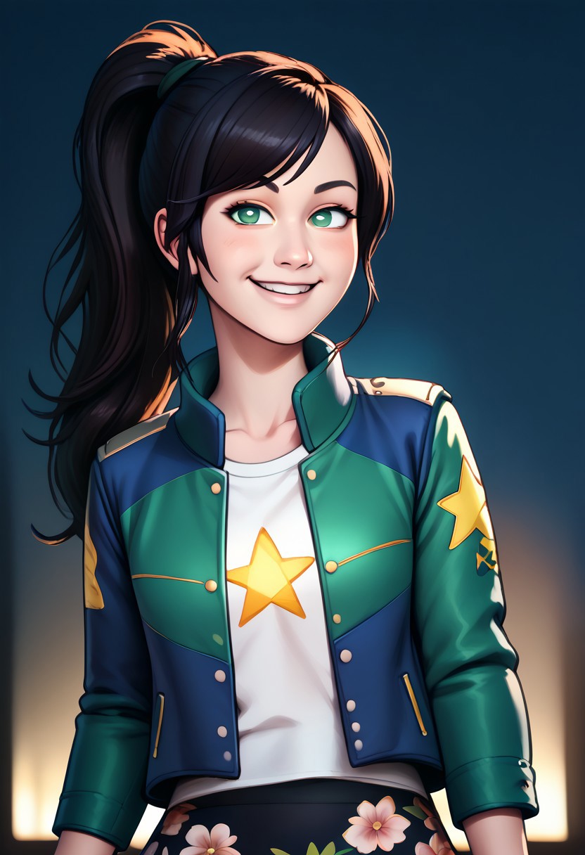score_9, score_8_up, score_7_up, score_6_up, PRSNL_3_1,  uncensored, pupils black dots, realistic,
warm light, upper body,
hammiekyuranger,
solo, 1girl, jacket, black hair, pantyhose, smile, brown hair, long hair, ponytail, green eyes, floral print, star (symbol) skirt,