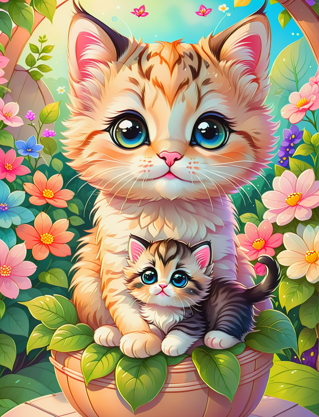 <lora:SDXLCutePets:1> cutepets, (a mommy kitty holding her kitten:1.2), lush garden background, vibrant colors, kawaii, high quality, digital art illustration