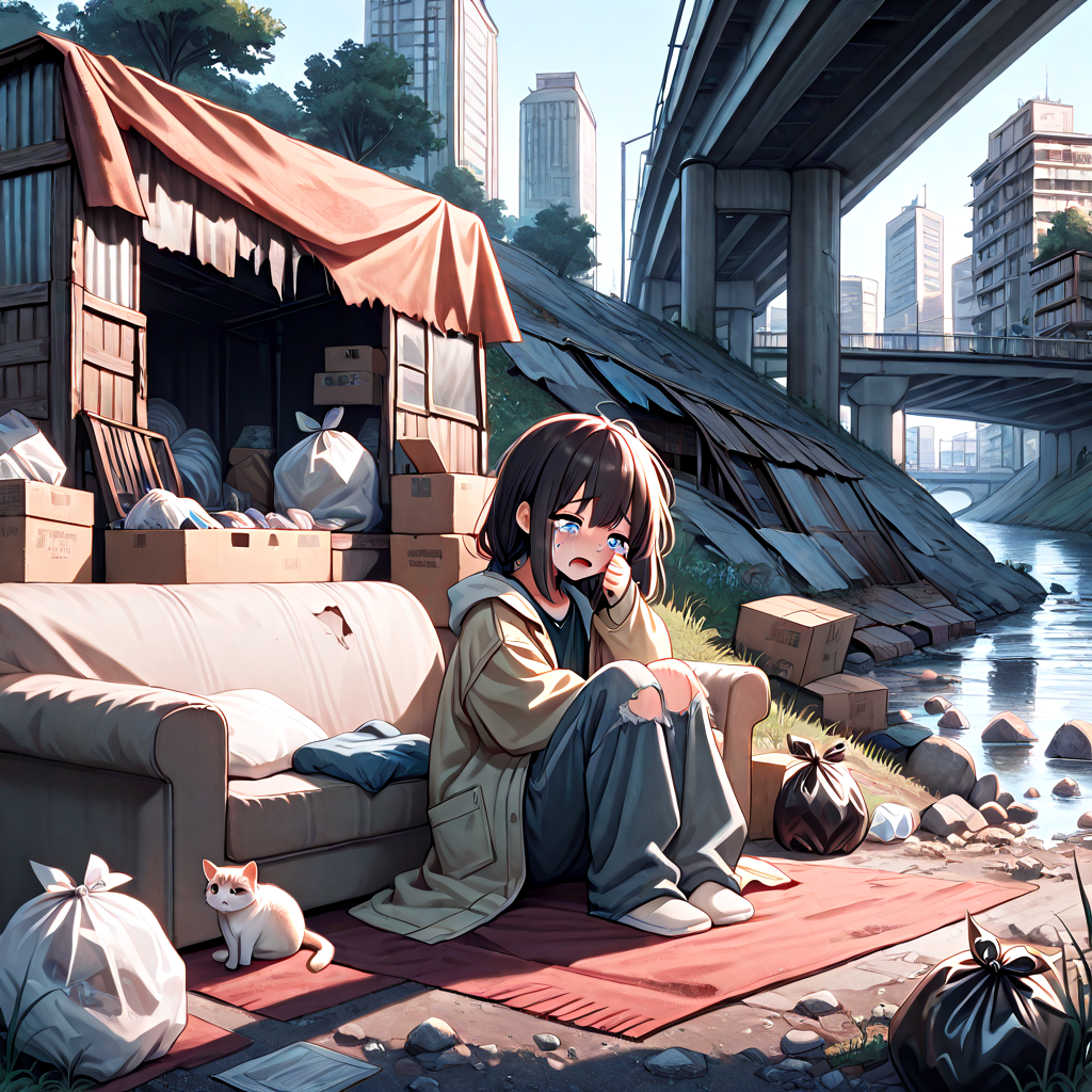 absurdres, explicit, shack under bridge, deep shadow, sitting on sofa, knees up, 1girl, crying, open mouth, blanket, open jacket, torn clothes, oversized clothes, cat, box, fog, city, tree, rock, weeds, ruins, river, water, building, scenery, outdoors, trash bag, wiping tears, hand covered own face, head down, <lora:girlhateshackunderbridge_ilxl:1>