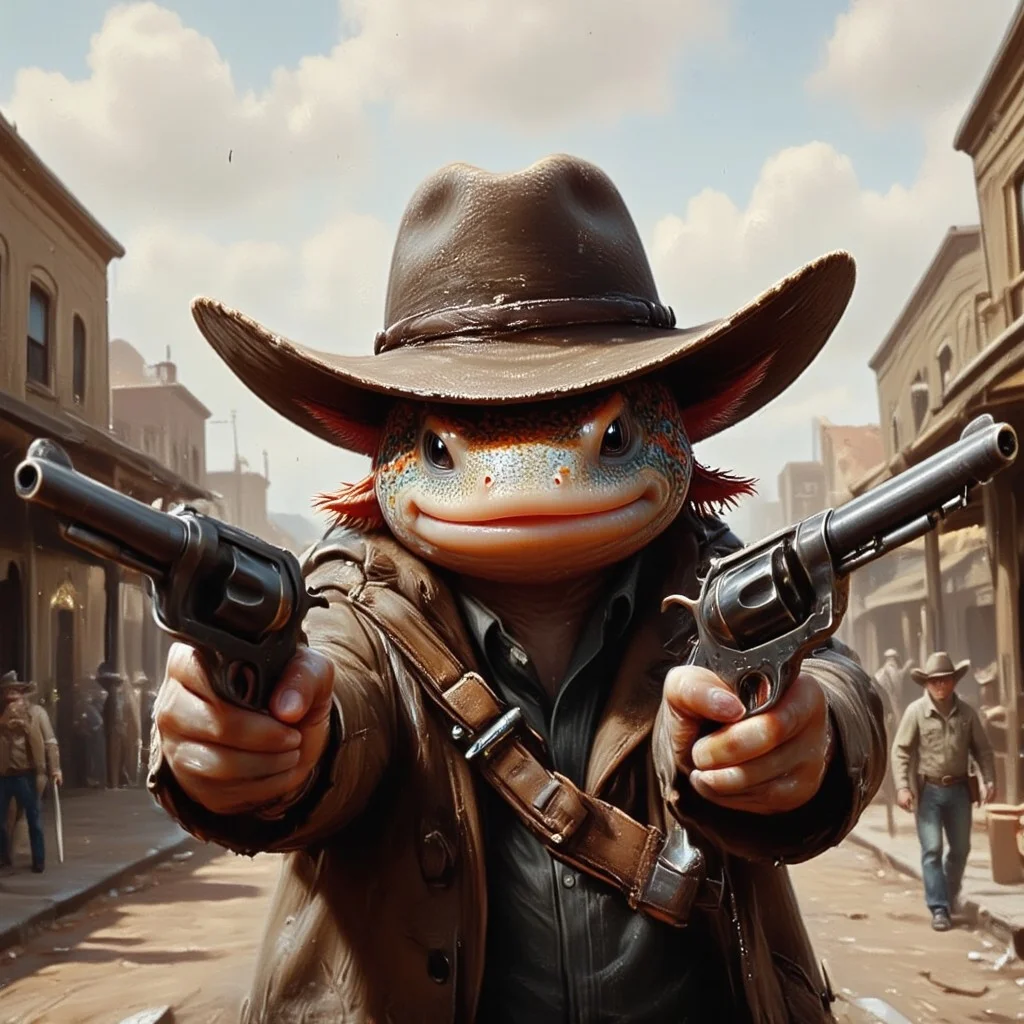 Anthropomorphic axolotl gunslinger wearing a cowboy hat and duster coat, he's got a revolver in a each hand aimed at the camera, in the street of a western town at high noon