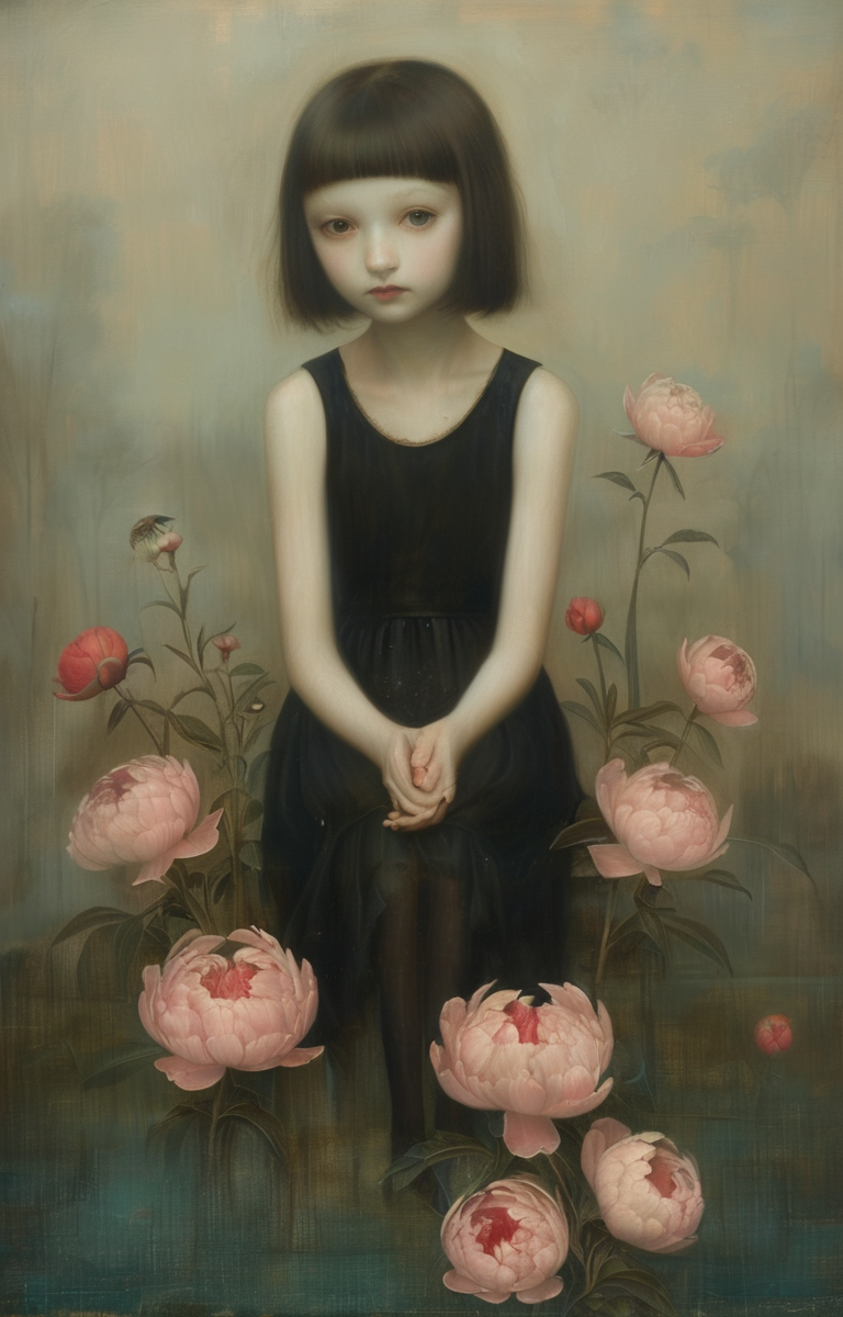 masterpiece,best quality,<lora:tbh278-sdxl:0.9>,illustration,style of  Stephen Mackey, decaying peonies