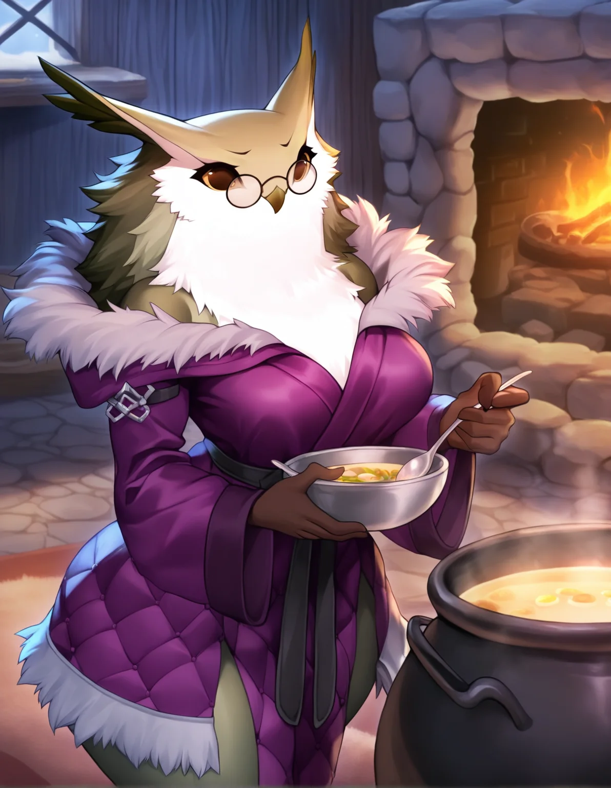 masterpiece, best quality, ramona, owl, anthro, solo, female, round glasses, fur trim purple dress, cooking pot, cauldron, holding spoon, inside, fireplace, soup, holding bowl,
<lora:UnicornOverlordBeastmen_Noob-1.0.38:1>