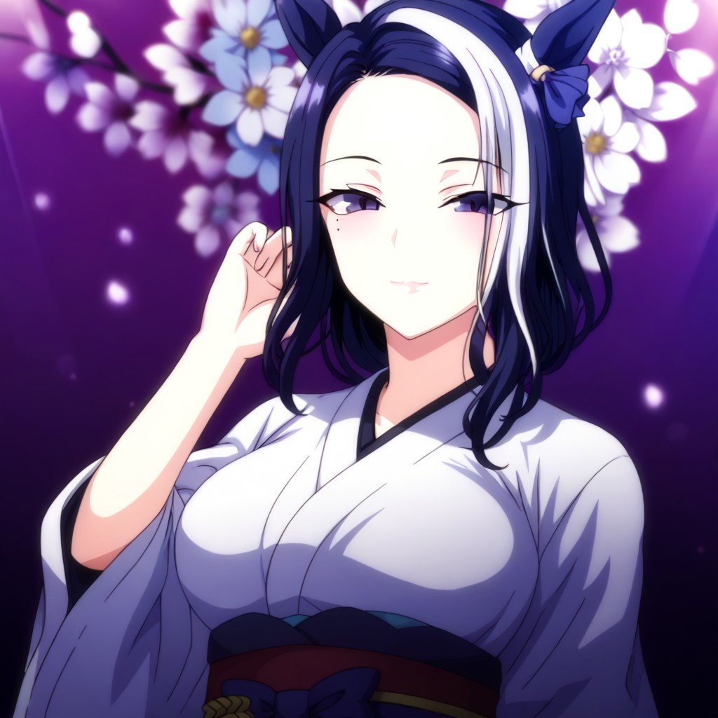 detailed background,  shiny skin, posing, rating safe,
rmnsd, horse girl, multicolored hair, streaked hair, ear ornament, mole under eye saimin.il,
saimin, tsubaki,  
clothed girl, kimono, 18 years old ,women,solo,1girl
