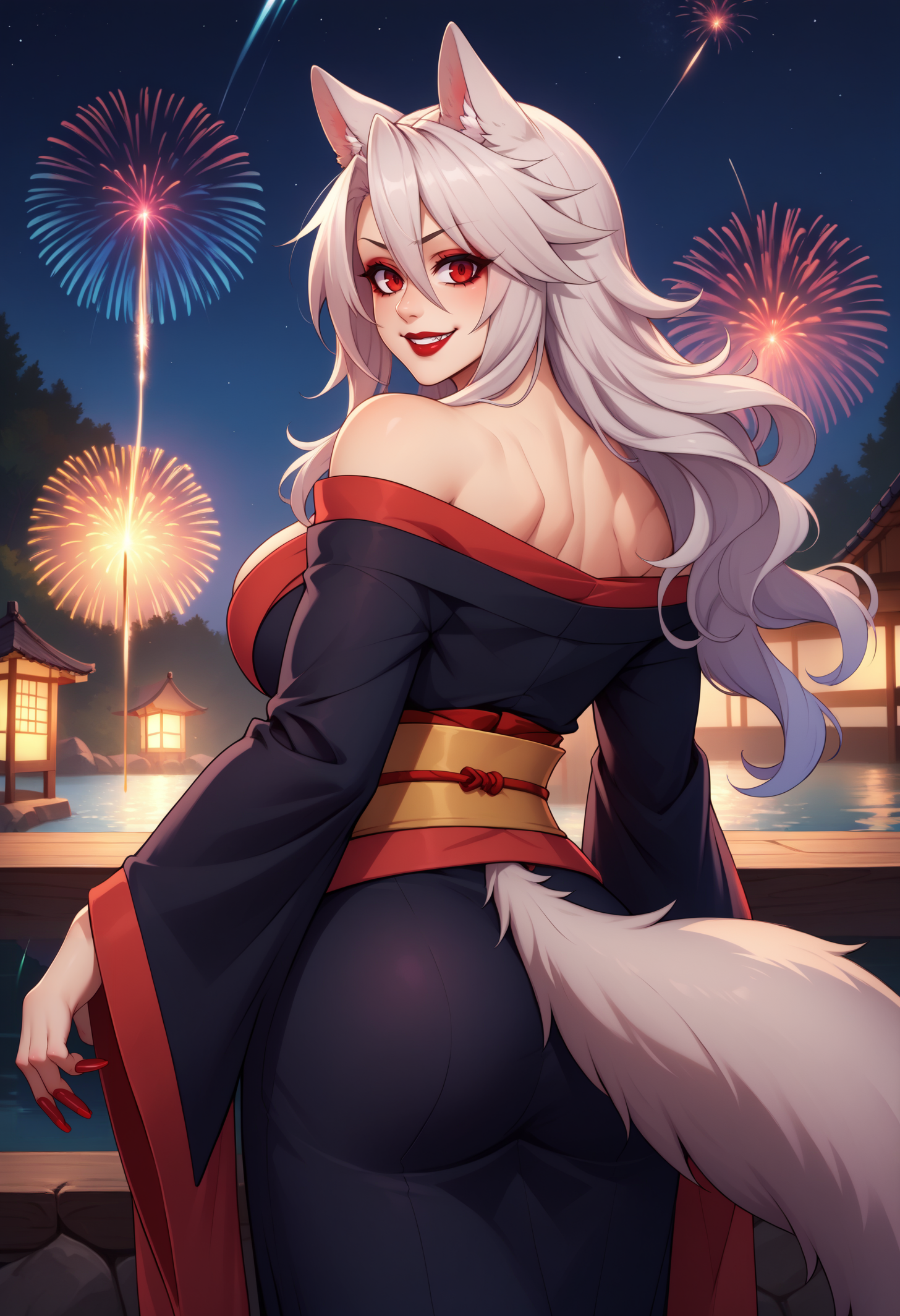 score_9, score_8_up, score_7_up, detailed, BREAK 1girl, solo, ferania, wolf girl, red eyes, animal ears, makeup, lipstick, red nails, wolf tail, long hair, hair between eyes, silver hair, large breasts, <lora:FeraniaWolfenstahlPDXL_V1-Manityro-CAME:1.0>, outdoors, night, dark, fireworks, river,
looking at viewer, looking back, smile, cowboy shot, muscular, rear view,
black kimono, off-shoulder kimono,