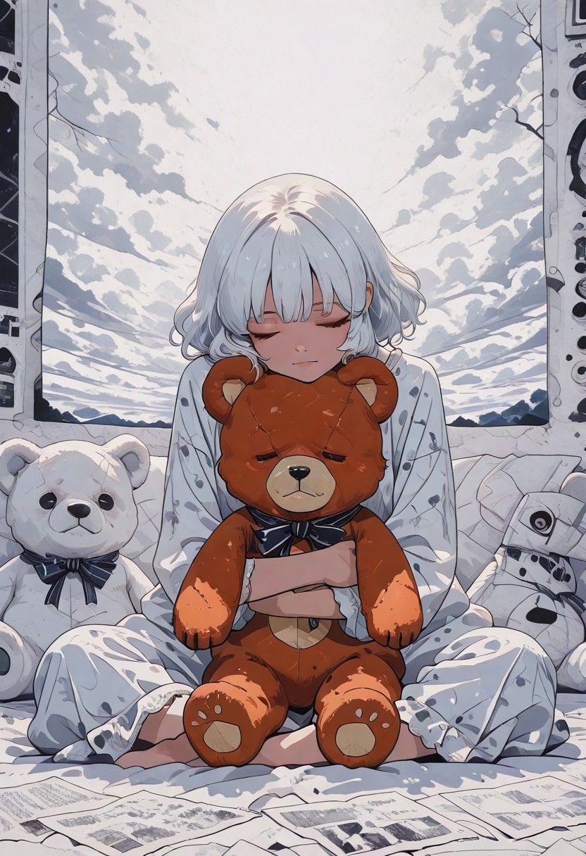1girl, sitting, pyjamas, huge teddy bear, hugging teddy bear, bear is bigger than her, head resting on bear, eyes closed, happy
white theme, watercolor painting, edges of the picture are fading into old paper white.
deep of fields sinozick style, flat color, idark theme, n the style of cksc, illustration, masterpiece, (extremely detailed CG 8k), (very fine 8K CG), (ultra detailed perfect piece:1.2), lat color, no lineart,,(no lineart, flat art style:1.0), NO_LINE_ART, comical, simple,