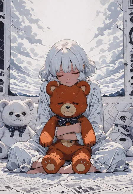1girl, sitting, pyjamas, huge teddy bear, hugging teddy bear, bear is bigger than her, head resting on bear, eyes closed, happy
white theme, watercolor painting, edges of the picture are fading into old paper white.
deep of fields sinozick style, flat color, idark theme, n the style of cksc, illustration, masterpiece, (extremely detailed CG 8k), (very fine 8K CG), (ultra detailed perfect piece:1.2), lat color, no lineart,,(no lineart, flat art style:1.0), NO_LINE_ART, comical, simple,