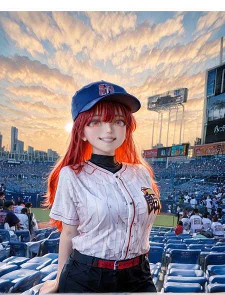 (1girl:1.5), (general:1.3), (detailed background:1.5), tokyo yakult swallows, baseball jersey, (white jersey, red pinstripe pattern:1.1), dark blue baseball cap, dark blue undershirt, happy, evening, (smile:1.4), sparkle, cowboy shot, crowd, solo focus, rased fist, BREAK
<lora:jingu_stadium:1> jingu stadium, outfield seats, stands, baseballfield, scenery, outdoors, audience, crowd, people, multiple boys, multiple girls, day, sunset, night, cloud, cloudy sky, sky, building, city, cityscape, skyscraper, sign, sun, blue sky, seats, backstand, electronic display board, BREAK
dramatic shadows, cinematic lighting, (photo background:1.1), (8K resolution:1.2), (masterpiece:1.2), best quality, amazing quality, very aesthetic, absurdres, newest, (ultra detailed:1.3), (uhd:1.1), <lora:cfg_scale_boost:0.7> <lora:Smooth_Booster_v2:0.5> <lora:StS-Illustrious-Detail-Slider-v1.0:3.0> BREAK