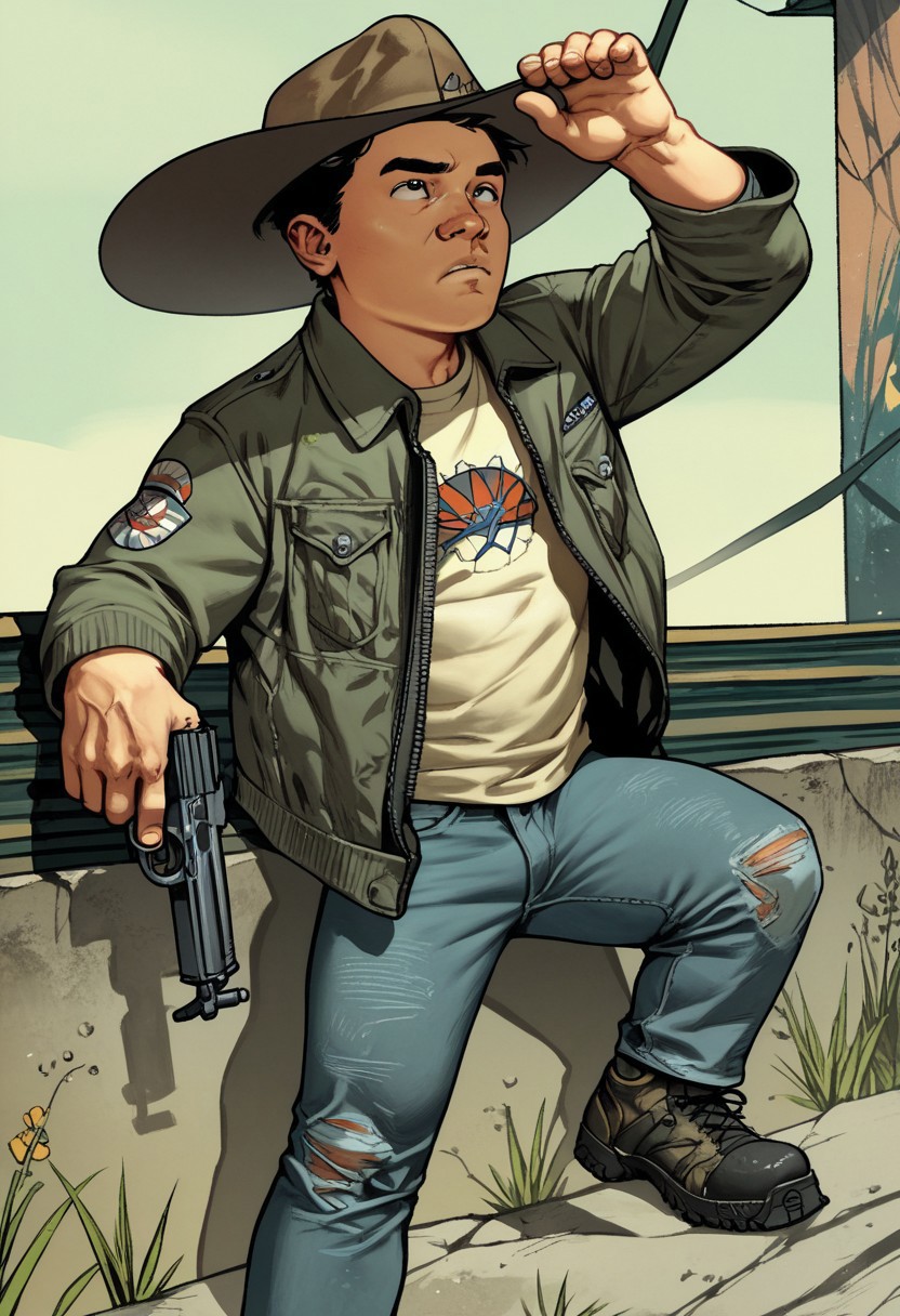 score_9, score_8_up, score_7_up, masterpiece-level, highly detailed, carlgrimescomic, 1boy, solo, male focus, front view, hat, cap, gun, denim, jacket, black eye, black hair, shoes