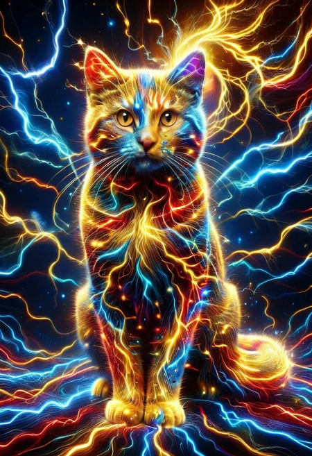 high quality, high resolution, extremely detailed, lthndrtrl, animal focus, cat made of golden and blue and red and yellow and purple lightning thunder trails