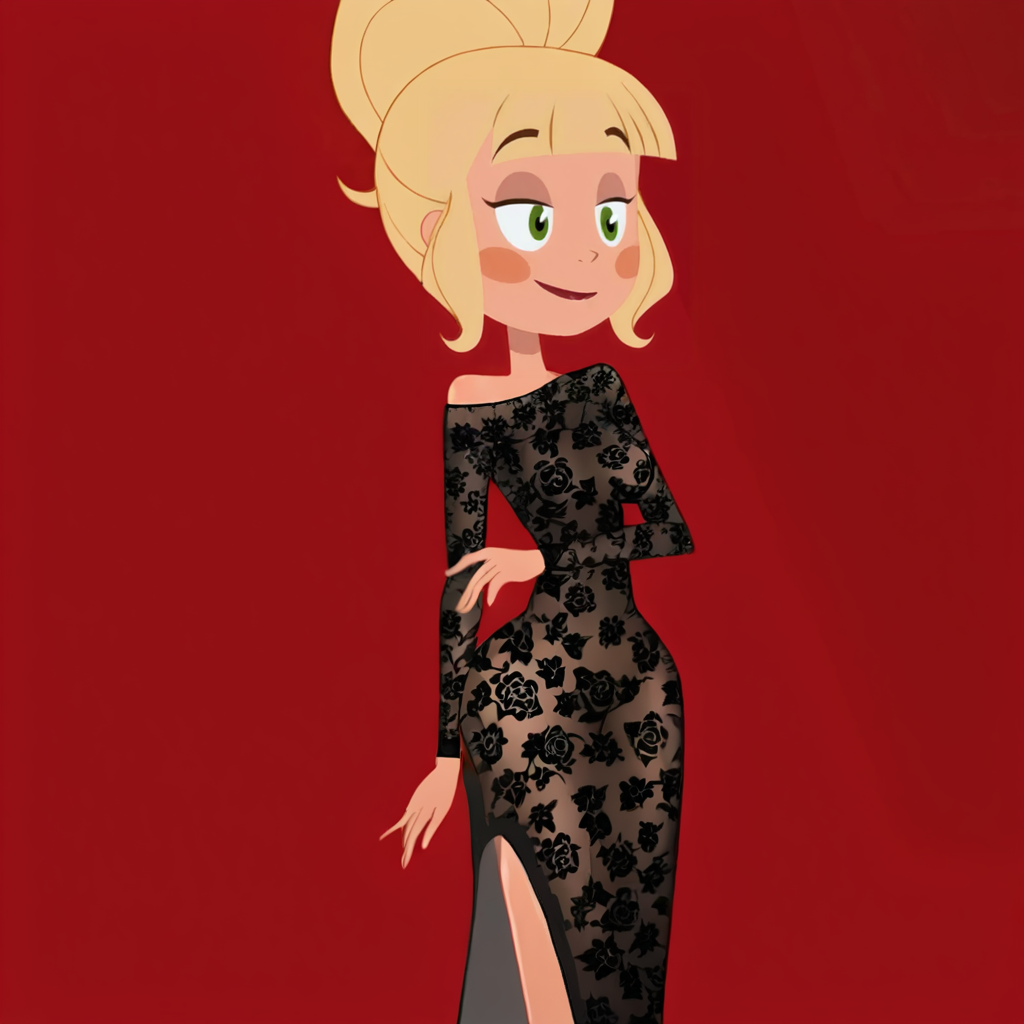 <lora:MissTinker_pony_v1:.8>  MissTinker, 1girl, blush stickers, blonde hair, green eyes, single hair bun,  breasts, sidelocks, bangs, cowboy shot,  <lora:1013 Home wear 30_v1_pony:1> ruanyi1013,black dress,floral print,long dress,long sleeves,see-through dress,skin tight,lace